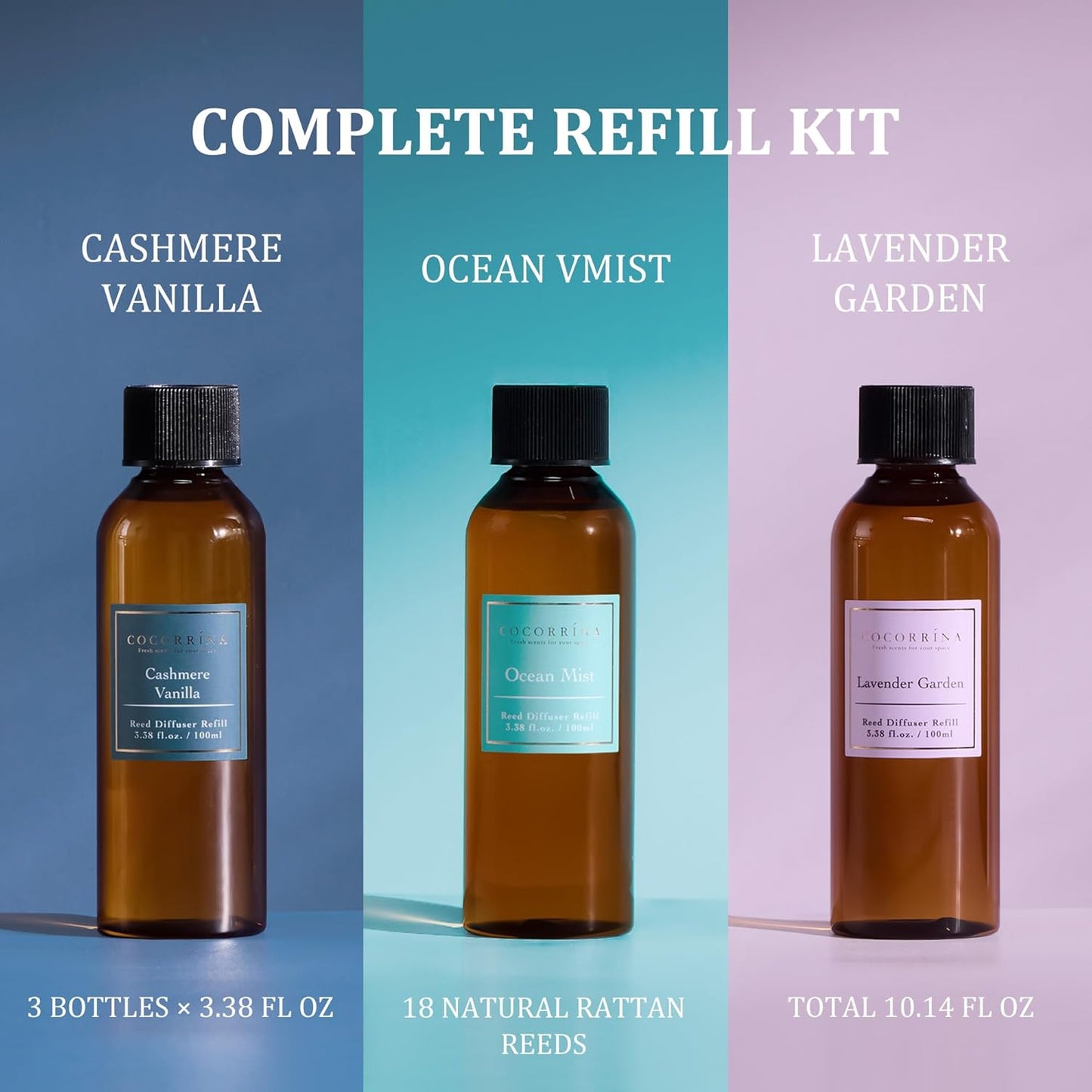 COCORRÍNA Reed Diffuser Refill Set, 10.2oz Scented Oil Refill 3 Pack, Clean Linen, Ocean Mist, Eucalyptus & Moss, Long Lasting Oil Diffuser Refill with 18 Sticks for Bathroom & Bedroom
