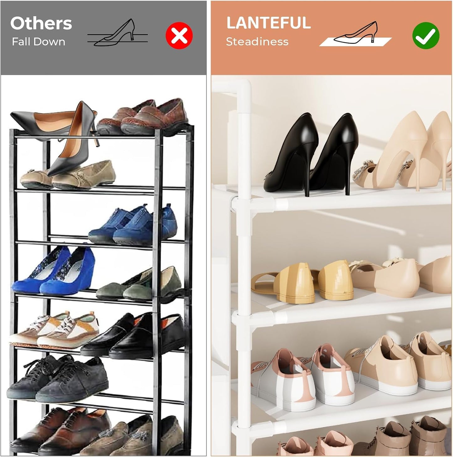 LANTEFUL 6 Tier Shoe Rack Storage for 24-30 Pairs Shoe and Boot, Shoe Organizer with Hook and Side Pocket Free Standing Long Shoe Shelf Tall Shoe Rack Organizer for Closet, Entryway, Dorm, White