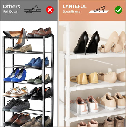 LANTEFUL 6 Tier Shoe Rack Storage for 24-30 Pairs Shoe and Boot, Shoe Organizer with Hook and Side Pocket Free Standing Long Shoe Shelf Tall Shoe Rack Organizer for Closet, Entryway, Dorm, White