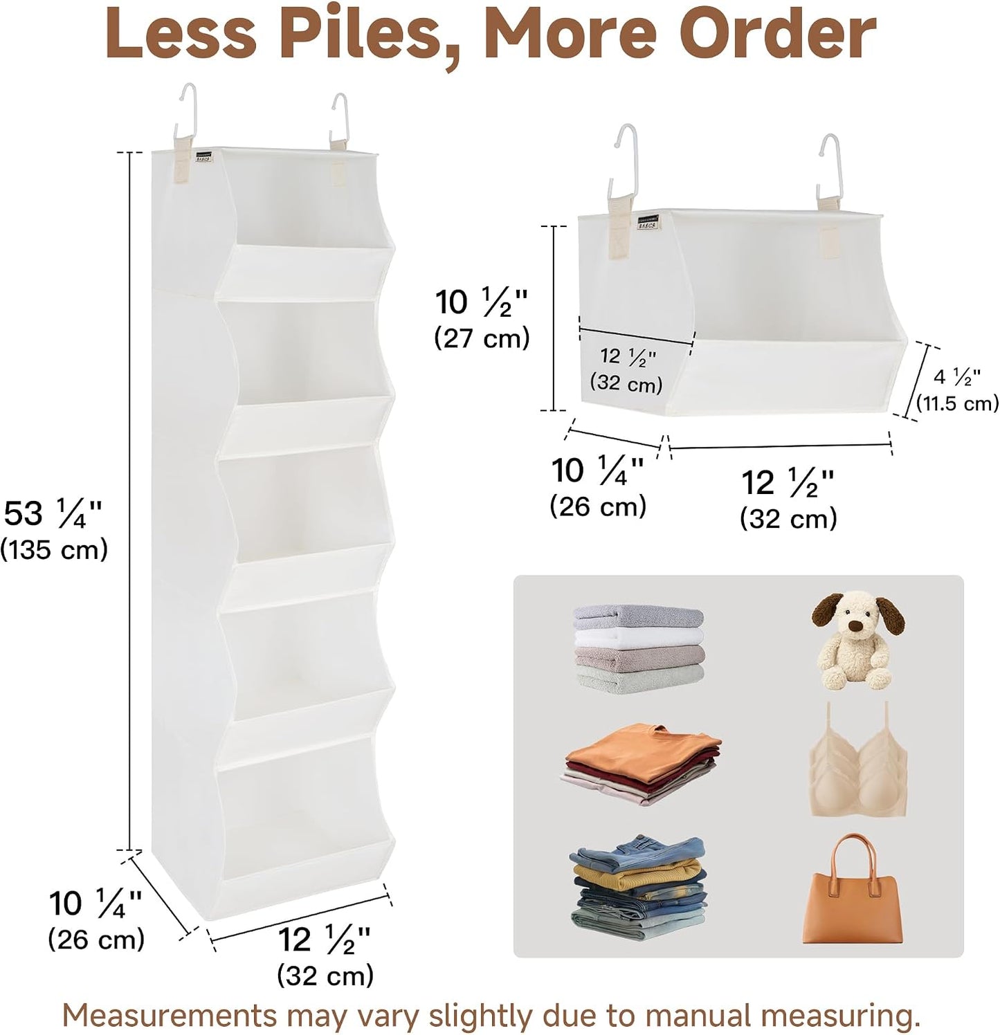StorageWorks Basics Hanging Closet Organizer, 4-Shelf Wide Trapezoid Closet Shelves with Reinforced Anti-Sagging Support for Sweaters, Hoodies and Handbags, Foldable Storage Organizer, Beige