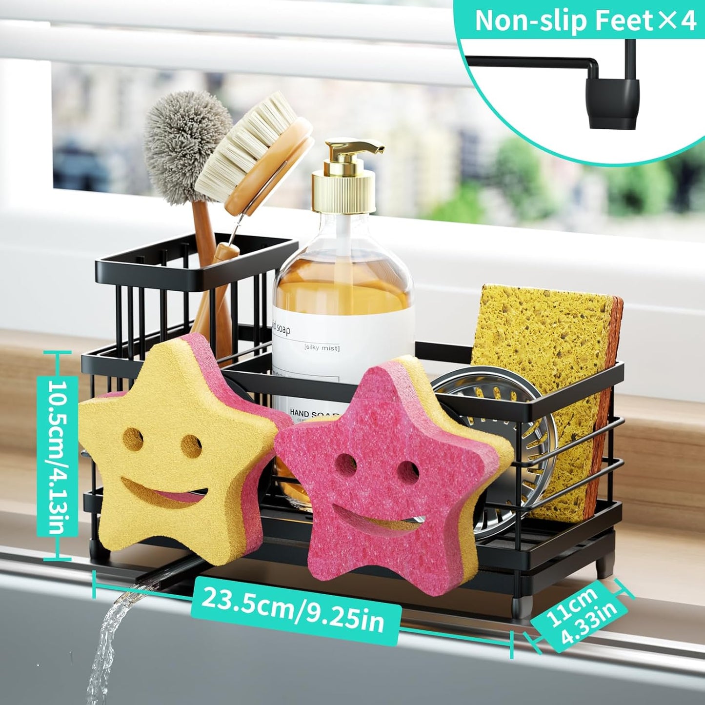 HapiRm Sponge Holder for Kitchen Sink - Self-draining Sink Caddy with Brush and Dishcloth Holders, Stainless Steel Kitchen Countertop Organizers and Storage Essentials - Black