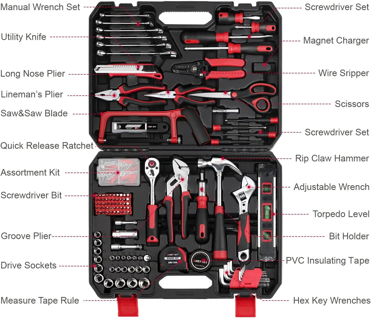 Eastvolt 128-Piece Home Repair Tool Set, Tool Sets for Homeowners, General Household Hand Tool Set with Storage Toolbox, EVHT12801, Black + Red (ASK01)