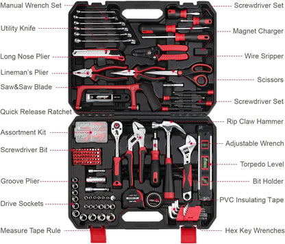 Eastvolt 128-Piece Home Repair Tool Set, Tool Sets for Homeowners, General Household Hand Tool Set with Storage Toolbox, EVHT12801, Black + Red (ASK01)