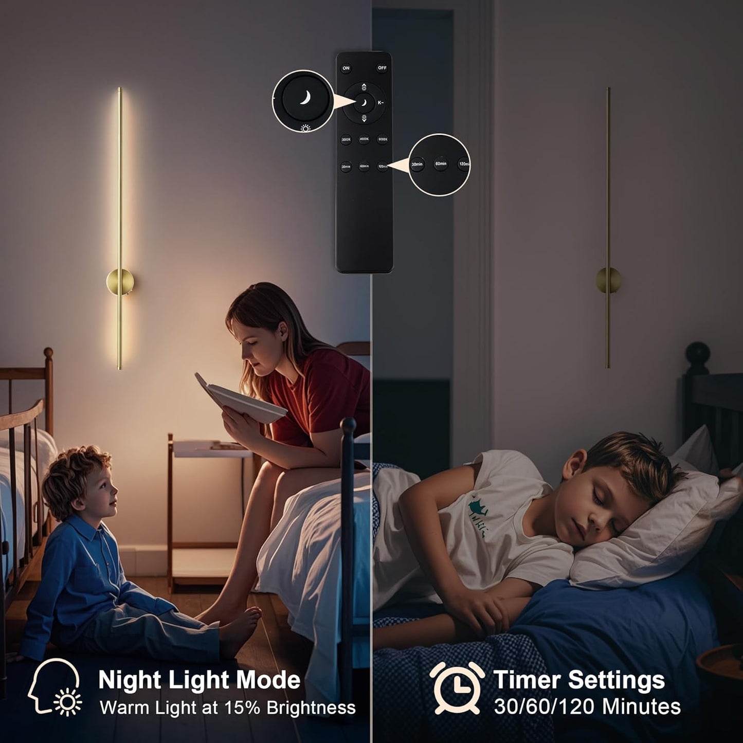 Battery Operated Modern Wall Sconces, Dimmable Wireless Wall Light Set of Two with Remote Control, 3 Color Temperatures, Rechargeable LED Wall Sconce for Bedroom, Living Room, Hallway, 23.6 Inch Brass