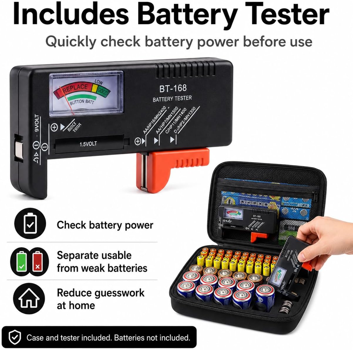 Comecase Battery Storage Case with Tester, Holds 148+ AA AAA C D 9V, Black | Hard-Shell Design, Carry Handle and Custom Foam Slots Keep Batteries Visible, Separated and Ready for Home, Garage or Office