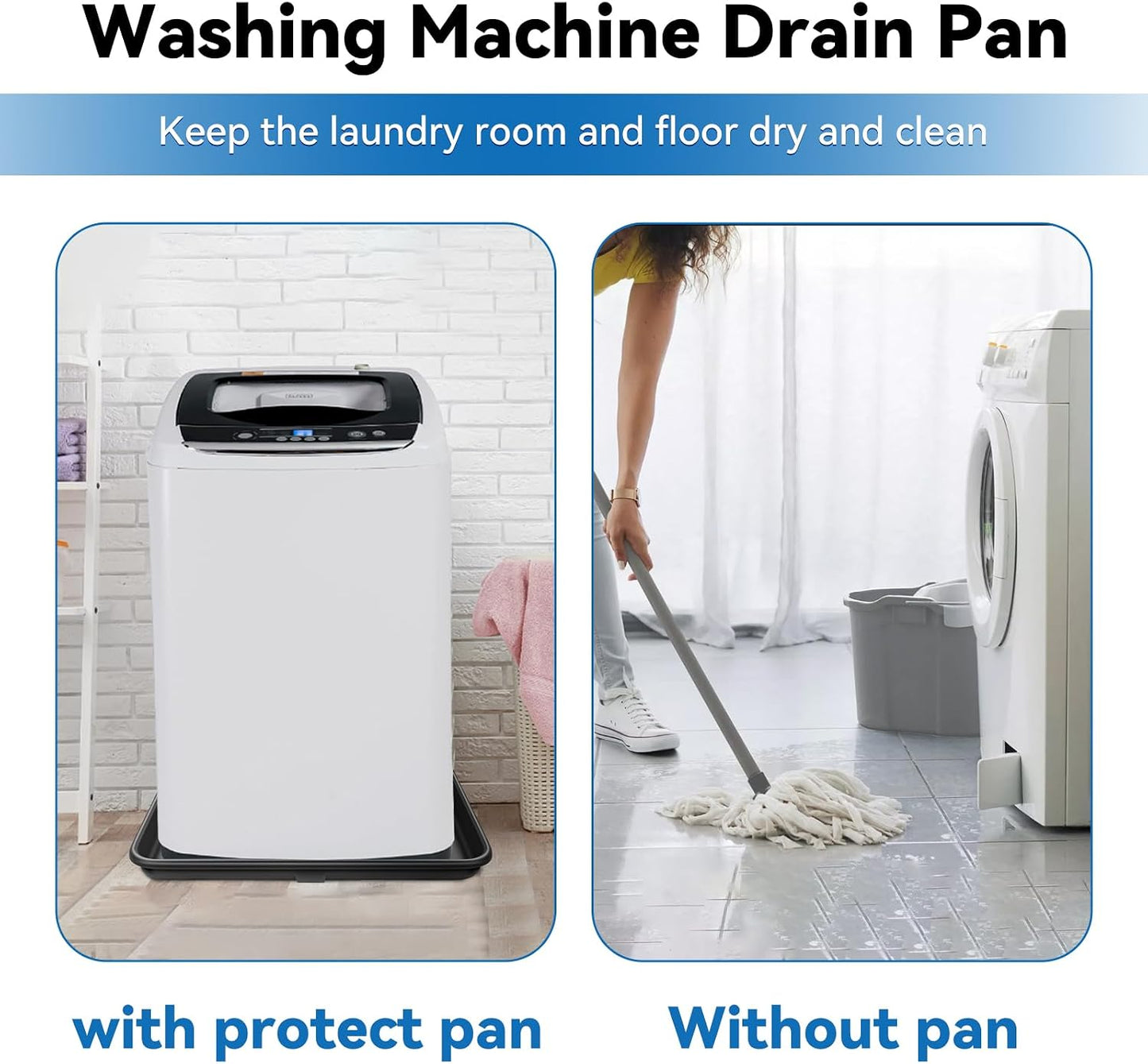 30x32inch Washing Machine Drain Pan, with Raised Edge, Features a Heavy Durable Plastic, Floor Protector - Protects Floors from Leaksf, with 1" Drain Fittings, Black