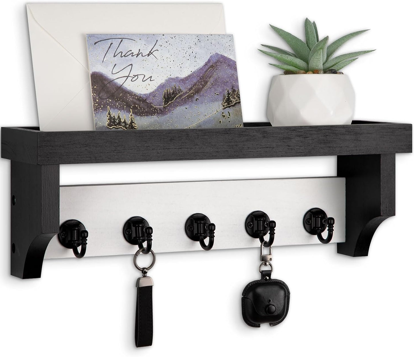 Key and Mail Holder Wall Mount, Key Holder with Shelf and Mail Organizer Wall Mount. Mail Holder with 5 Hooks for Coat, Dog Leash, Home Decor Rack, Entry Way Organizer (White)