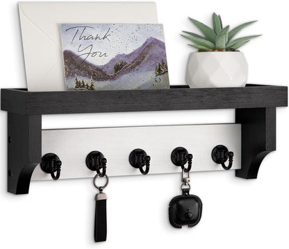 Key and Mail Holder Wall Mount, Key Holder with Shelf and Mail Organizer Wall Mount. Mail Holder with 5 Hooks for Coat, Dog Leash, Home Decor Rack, Entry Way Organizer (White)