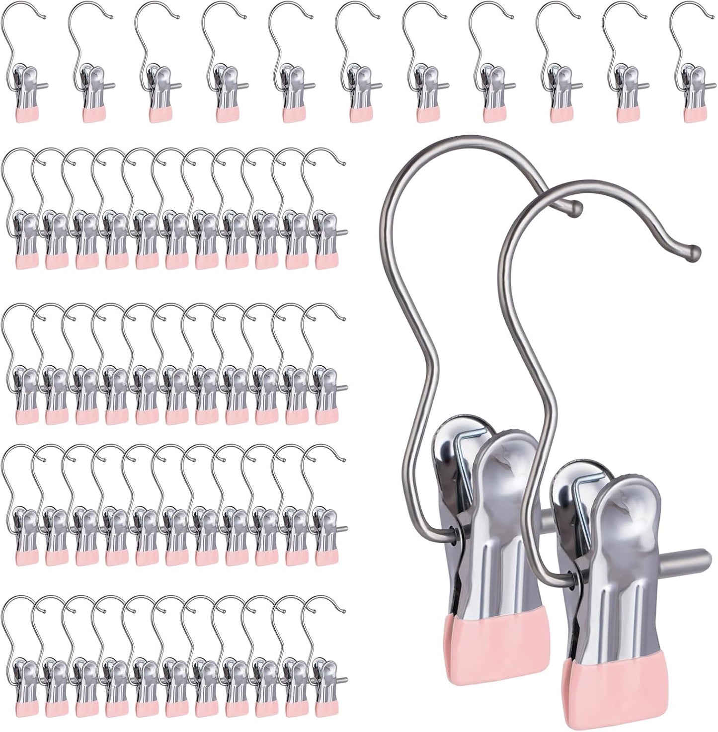 50PCS Space-Saving Clothespin Hat Pants Storage Hanging Travel Hook, Portable 360° Rotating Stainless Steel Hanging Hook Clips Towel Clips,Laundry Hooks Hanging Clips with Clips for Home and Travel