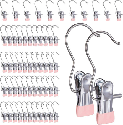 50PCS Space-Saving Clothespin Hat Pants Storage Hanging Travel Hook, Portable 360° Rotating Stainless Steel Hanging Hook Clips Towel Clips,Laundry Hooks Hanging Clips with Clips for Home and Travel
