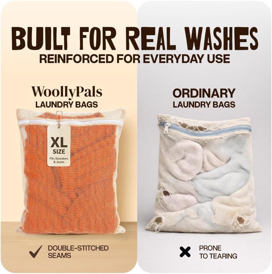 WoollyPals Large Cotton Mesh Laundry Bags (16" x 20") – 2-Pack with Drawstring Storage Pouch – Washer & Dryer Safe, Durable Zipper, Breathable Mesh for Clothes, Delicates, Underwear, Shoes & Lingerie