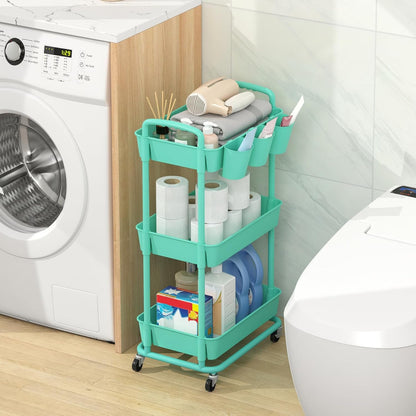 JIUYOTREE 4-Tier Plastic Rolling Storage Cart Utility Cart with Extra Hanging Cups Handles Lockable Wheels for Living Room Bathroom Kitchen Office White