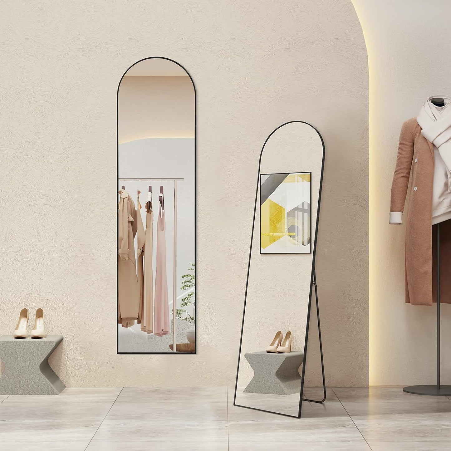 59"x16" Arched Full Length Mirror, Full Body Mirror with Leaning or Standing, Floor Standing Aluminum Frame for Bedroom, Livingroom, Cloakroom, Black