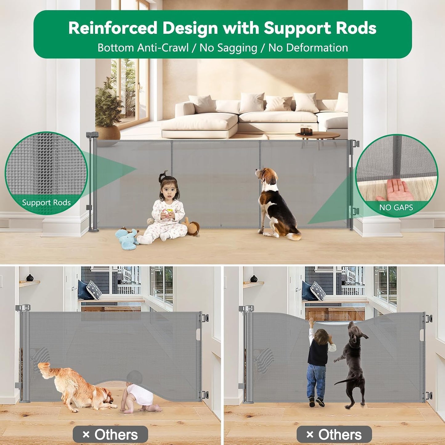 Reinforced 50" Wide Retractable Baby Gates for Doorways, Retractable Dog Gate for Stairs with Support Rods – Prevent Crawling Under, Outdoor Indoor Mesh Baby Gate Retractable Gates for Dogs, White