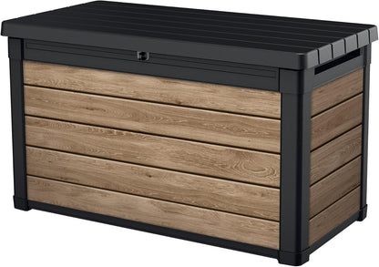 Keter Signature Everwood 30 Gallon Resin Outdoor Storage Box and Patio Furniture Side Table for Pool and Garden Accessories, Walnut