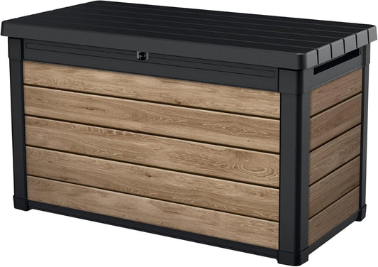 Keter Signature Everwood 30 Gallon Resin Outdoor Storage Box and Patio Furniture Side Table for Pool and Garden Accessories, Walnut