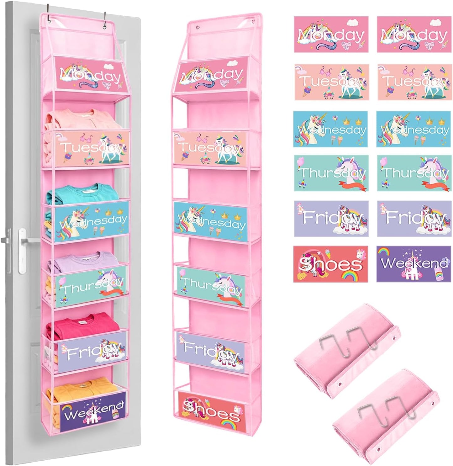 2 Pack Weekly Clothes Organizer for Kids, 6 Shelf Hanging Closet Organizer with Clear Window, Foldable Days of the Week Over the Door Outfit Organizer with Labels for Closet School