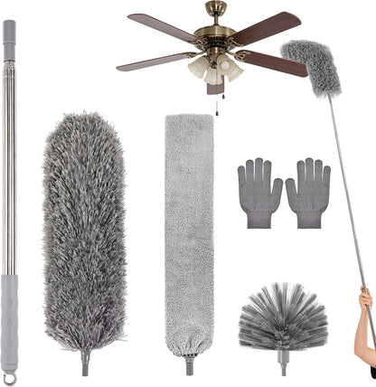 Microfiber Feather Duster 5-in-1 Kit with Extension Pole, Washable Cleaning Duster Set with 3 Duster Heads, Cobweb Duster, Corner Brush, 100'' Extendable Long Duster for High Ceilings, Fans, Furniture