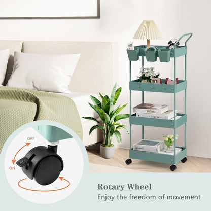 danpinera Storage Cart on Wheels, 3 Tier Slim Laundry with Wheels Bathroom Organizer with Hanging Cups Hooks Dividers Handle Mobile Rolling Art Cart for Bathroom Kitchen Narrow Places, White