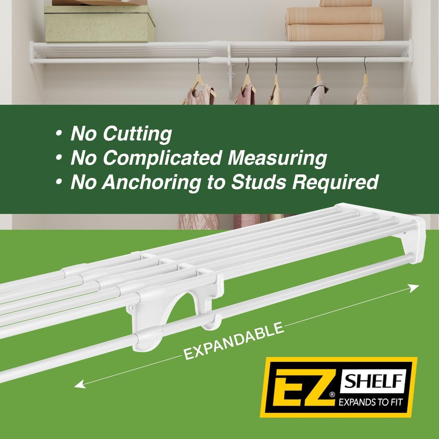 EZ SHELF- Closet Shelf with Hanging Rod, Expands 40.5-73", White, Closet Shelves Hold 200 lbs, Easy Install Closet Organizer to 2 Side Walls, Alternate for Closet Wire Shelving & Laundry Room Shelves
