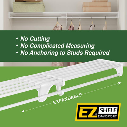 EZ SHELF- Closet Shelf with Hanging Rod, Expands 40.5-73", White, Closet Shelves Hold 200 lbs, Easy Install Closet Organizer to 2 Side Walls, Alternate for Closet Wire Shelving & Laundry Room Shelves
