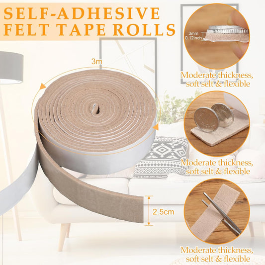 Zonon 4 Rolls 120 Inch Felt Strip with Adhesive Backing Felt Tapes Furniture Strip Rolls Self Stick Heavy Duty Polyester for Protecting Furniture and DIY Adhesive(Black,0.5 Inch)