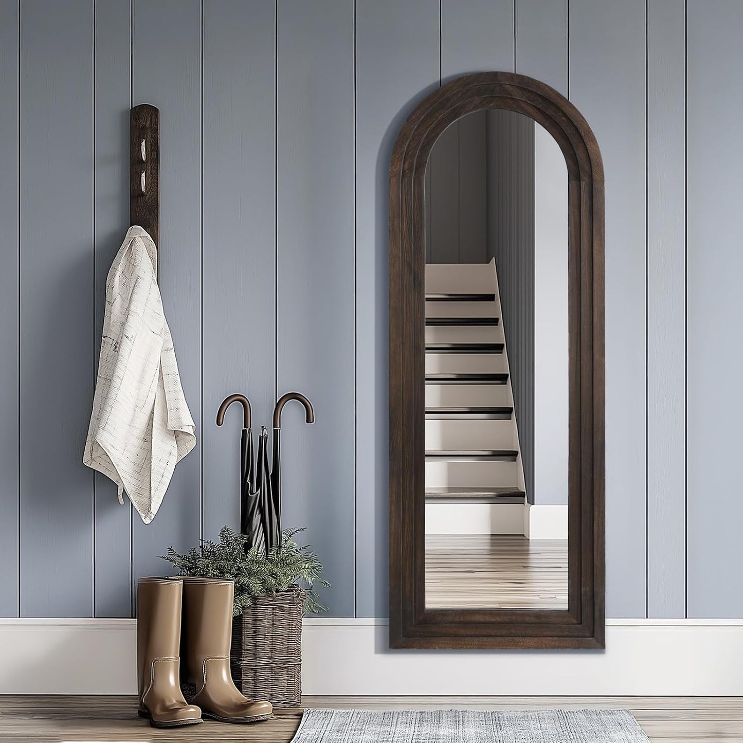 MELOMOIR Arched Full Length Mirror with Solid Wood Frame, 56"x21" Rustic Farmhouse Floor Mirror with Stand, Free Standing Leaning Hanging, for Bedroom Living Room Dressing Room Entryway, Brown
