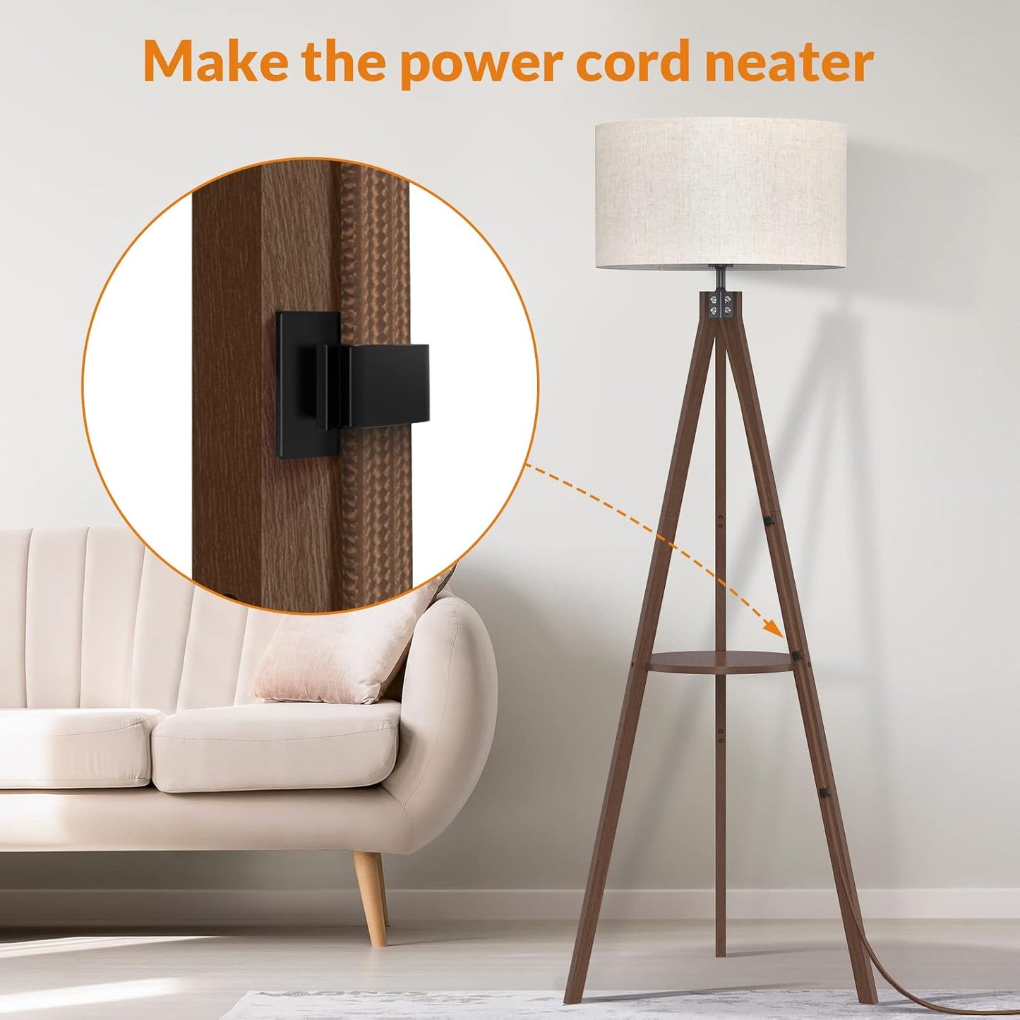 LEPOWER Tripod Floor Lamp, Mid Century Wood Standing Lamp, Modern Design Shelf Floor Lamp for Living Room, Bedroom, Office, Flaxen Linen Shade with E26 Base Brown