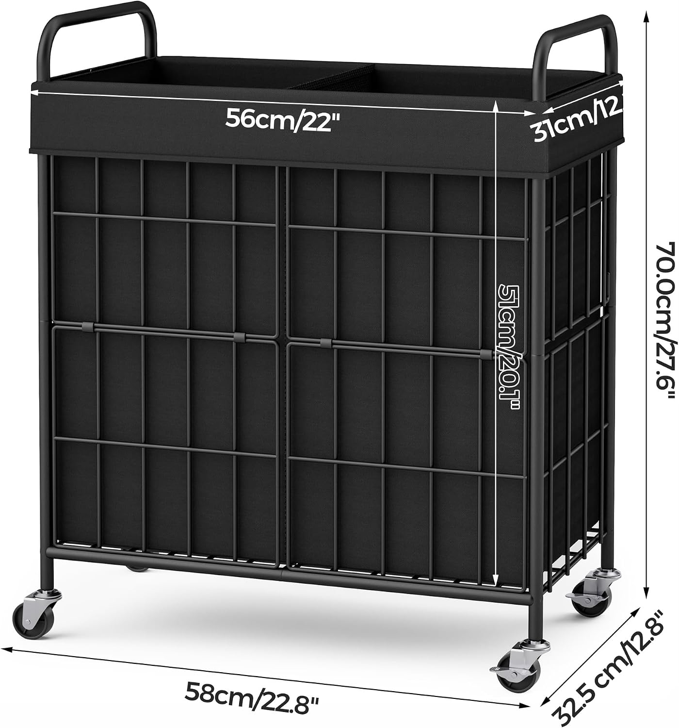 2 Section Laundry Hamper with Wheels and Brake, 100L Laundry Sorter Cart with 2 Removable Liner Bags, Metal Handle, Rolling Laundry Basket for Bedroom Laundry Room