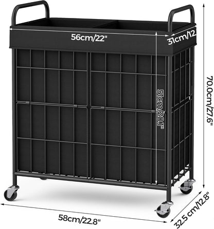 2 Section Laundry Hamper with Wheels and Brake, 100L Laundry Sorter Cart with 2 Removable Liner Bags, Metal Handle, Rolling Laundry Basket for Bedroom Laundry Room