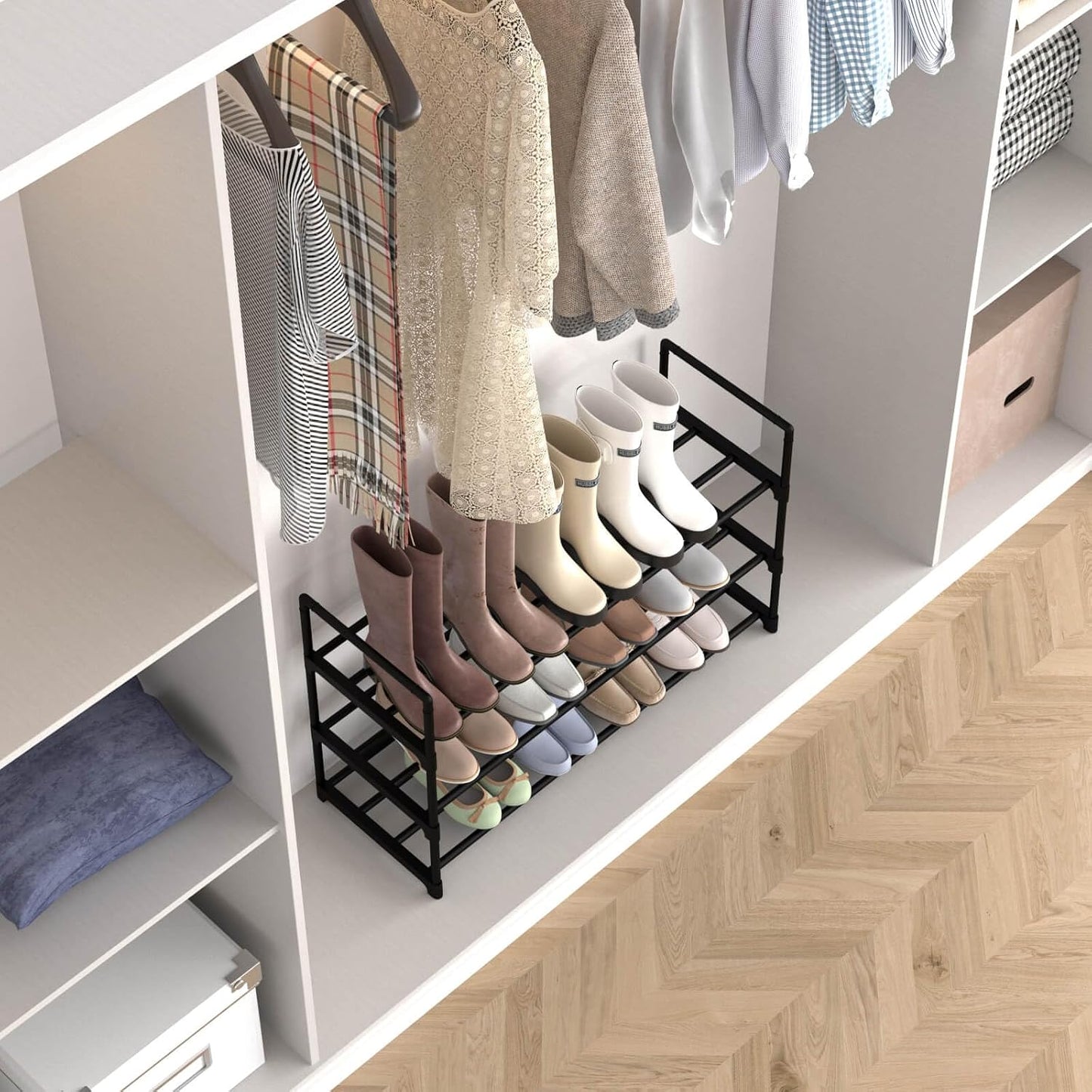 Hsscblet 5 Tiers Metal Shoe Rack,Adjustable Shoe Shelf Storage Organizer with Hooks,Stackable Boot & Shoe Storage,for Entryway,Hallway,Closet,Black