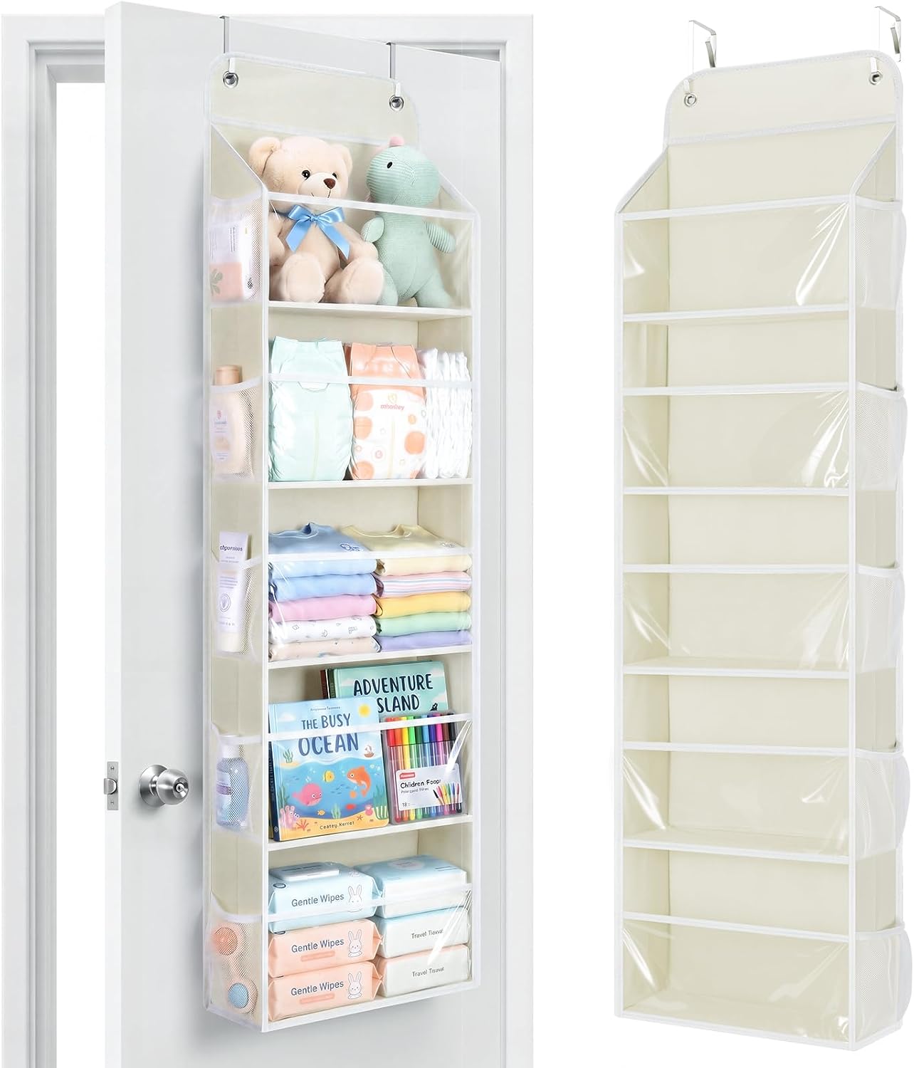 Yecaye 5-Tier Over the Door Organizer Hanging, Toy Stuffed Animal Storage, Behind the Door Storage with 5 Clear View Windows & 10 Side Pockets, Over the Door Storage for Bathroom Closet Nursery, Grey