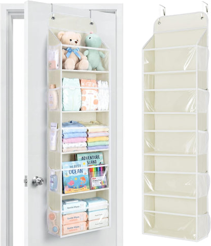 Yecaye 5-Tier Over the Door Organizer Hanging, Toy Stuffed Animal Storage, Behind the Door Storage with 5 Clear View Windows & 10 Side Pockets, Over the Door Storage for Bathroom Closet Nursery, Grey
