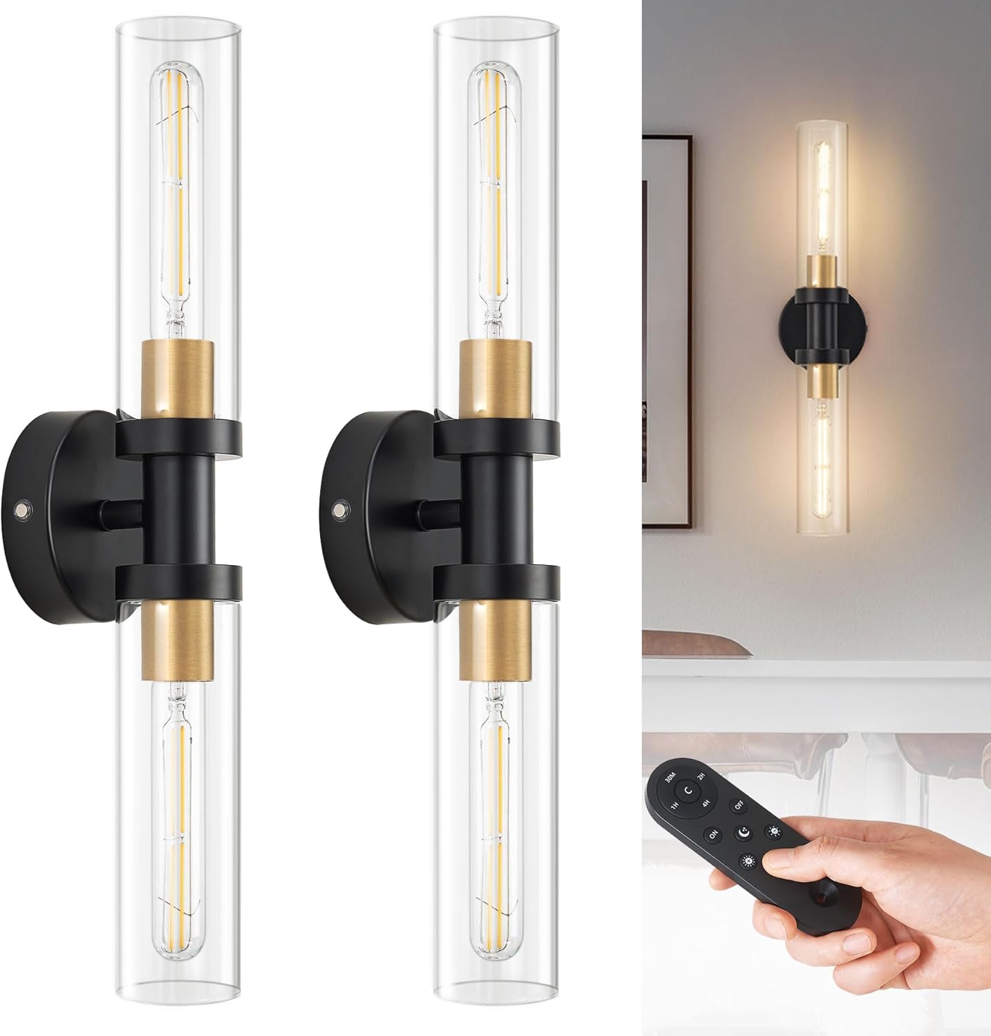 SANTOSTOCK Gold Battery Operated Wall Sconce Set of 2, 12000mAh Rechargeable Wall Lights with Remote Control, Wireless Dimmable Wall Lamps for Bedroom Living Room Bathroom Hallway Stairwell