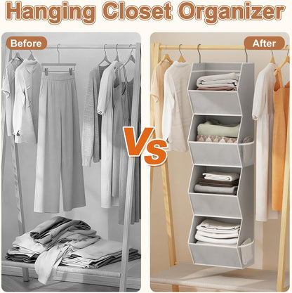 Hanging Closet Organizer 4 Shelf Collapsible Bedroom Closet Organizers and Storage Hanging with Mesh Pockets for Clothes, Fabric Hanging Storage Bins for Wardrobe Closet Organization and Storage, Grey