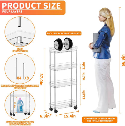 Yieach Clear 3 Tier Slim Rolling Storage Cart with Wheels,6.3″W Thin Shelf,Bathroom Storage Cabinet,Skinny Laundry Cart,Narrow Laundry Room Cart Between Washer and Dryer,Skinny Shelves for Small Space