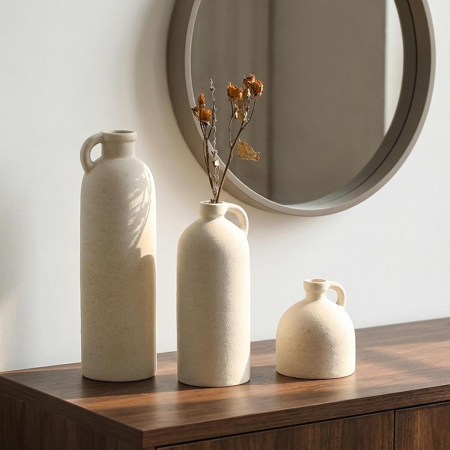 Ceramic Vase Set of 3 with Handles, Green White Neutral Rustic Modern Farmhouse Boho Decor, Versatile as Table Centerpiece or Mantel & Shelf Accent - Unique Home Gift Idea