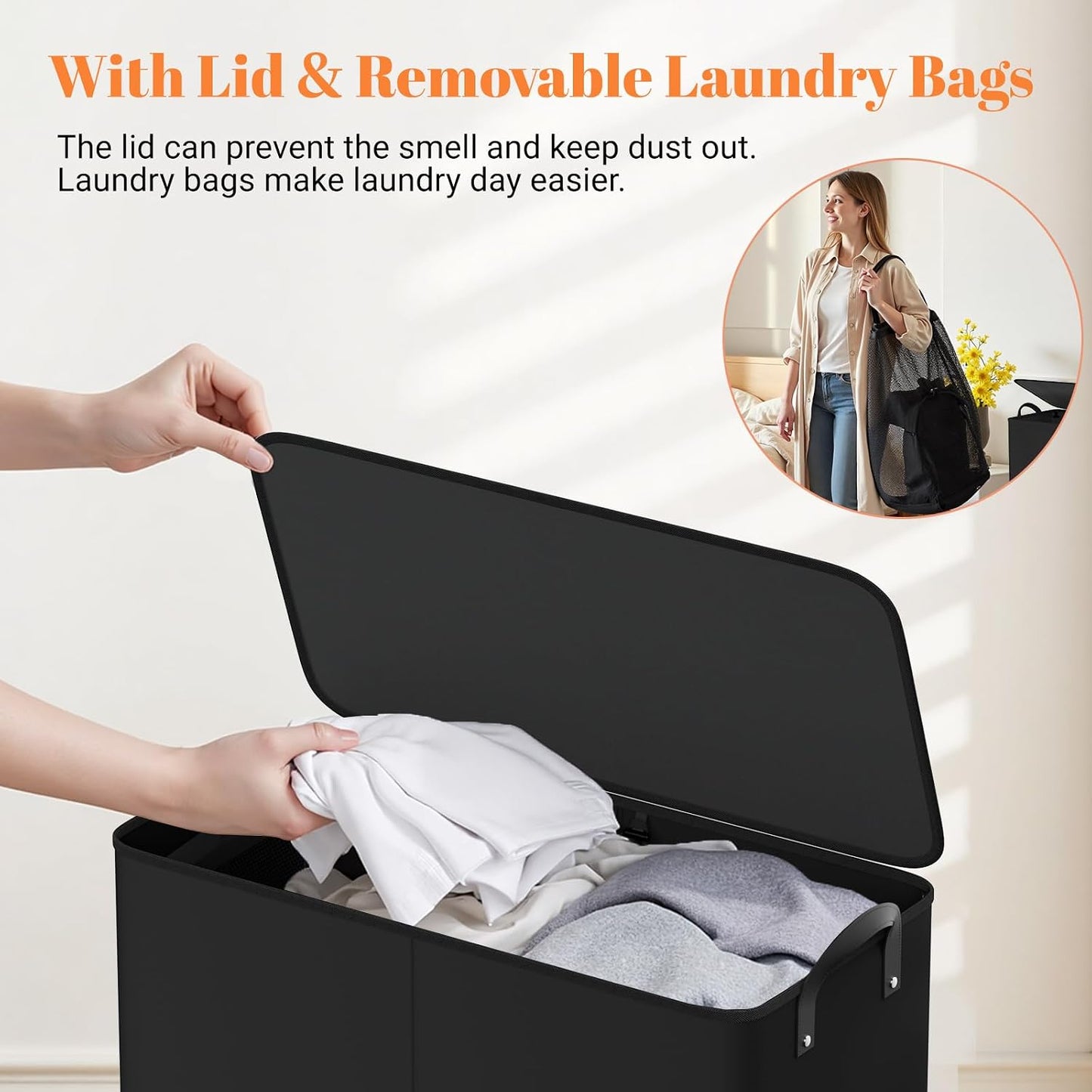 Large Double Laundry Hamper with Lid, Removable Bags & Reinforced Handles, 2 Section Tall Laundry Basket, Dirty Clothes Hampers for Laundry Room, Bedroom, Bathroom, Dorm, 136L, Gray