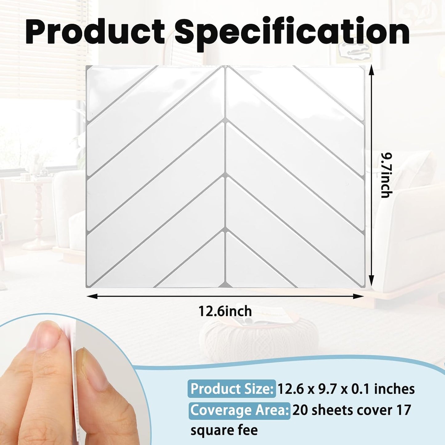 20 Sheets Herringbone Tile Sticker, Peel and Stick Backsplash for Kitchen, 2.5mm Thick Self Adhesive Wall Tile with Grey Grout, Waterproof Stick on Backsplash for Bathroom, RV, White