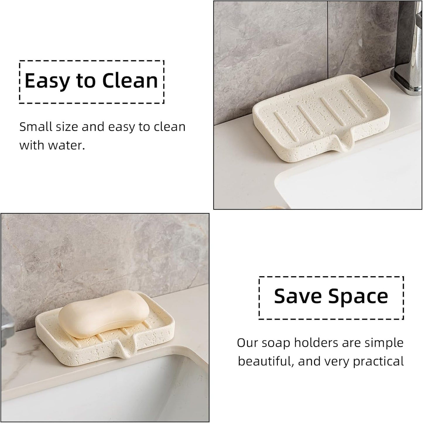 Soap Dish, Bar Soap Holder, Travertine Stone Look, Off White | Self Draining,Sponge Holders Tray for Shower,for Dispenser,Scrubber,Bottle,Cup on Bathroom Kitchen Bathtub Sink or Counter