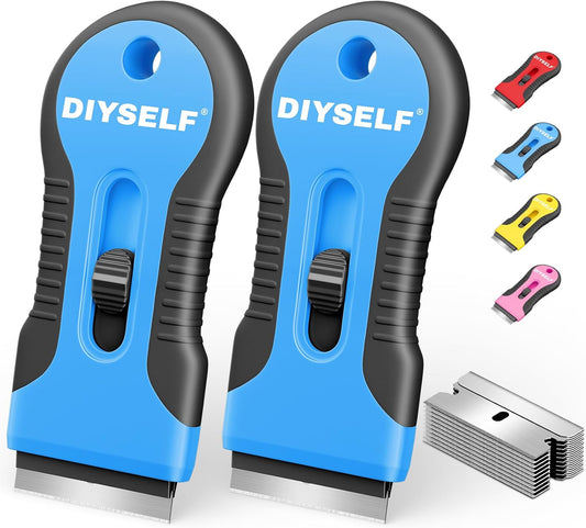DIYSELF 2 Pack Razor Blade Scraper, 10 PCS Spare Razor Blades, Enhanced Razor Scraper, Razor Blade Scraper Tool for Glass Top Stove, Multipurpose Glass Scraper, Razor Scraper Tool for Paint, Sticker