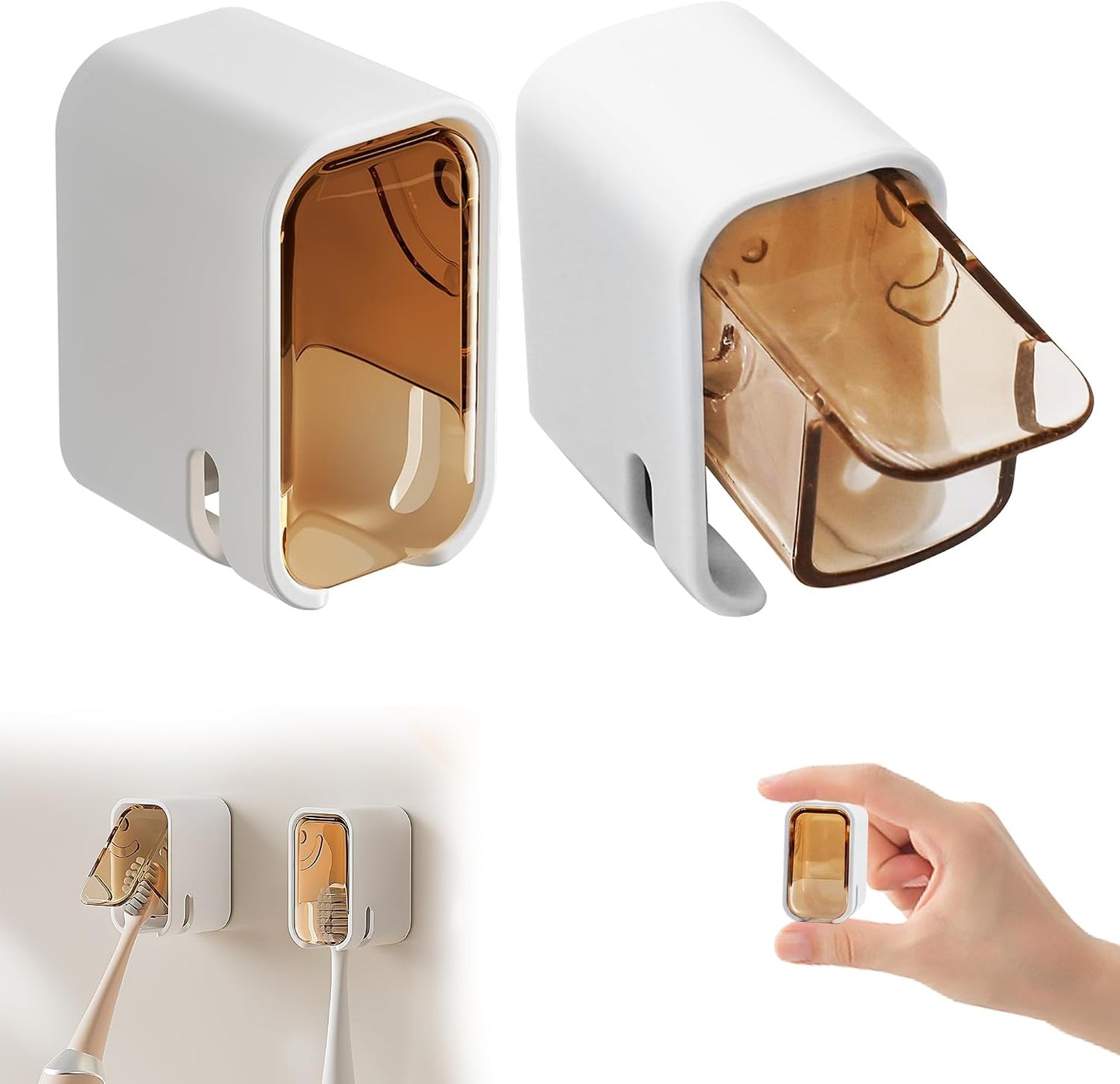 2 Pcs Toothbrush Holders for Bathroom【Upgrade Single Slot Design】 Toothbrush Holder Wall Mounted with Cover, Self-Adhesive Tooth Brush Storage Organizer for Family and Travel(2, Brown)
