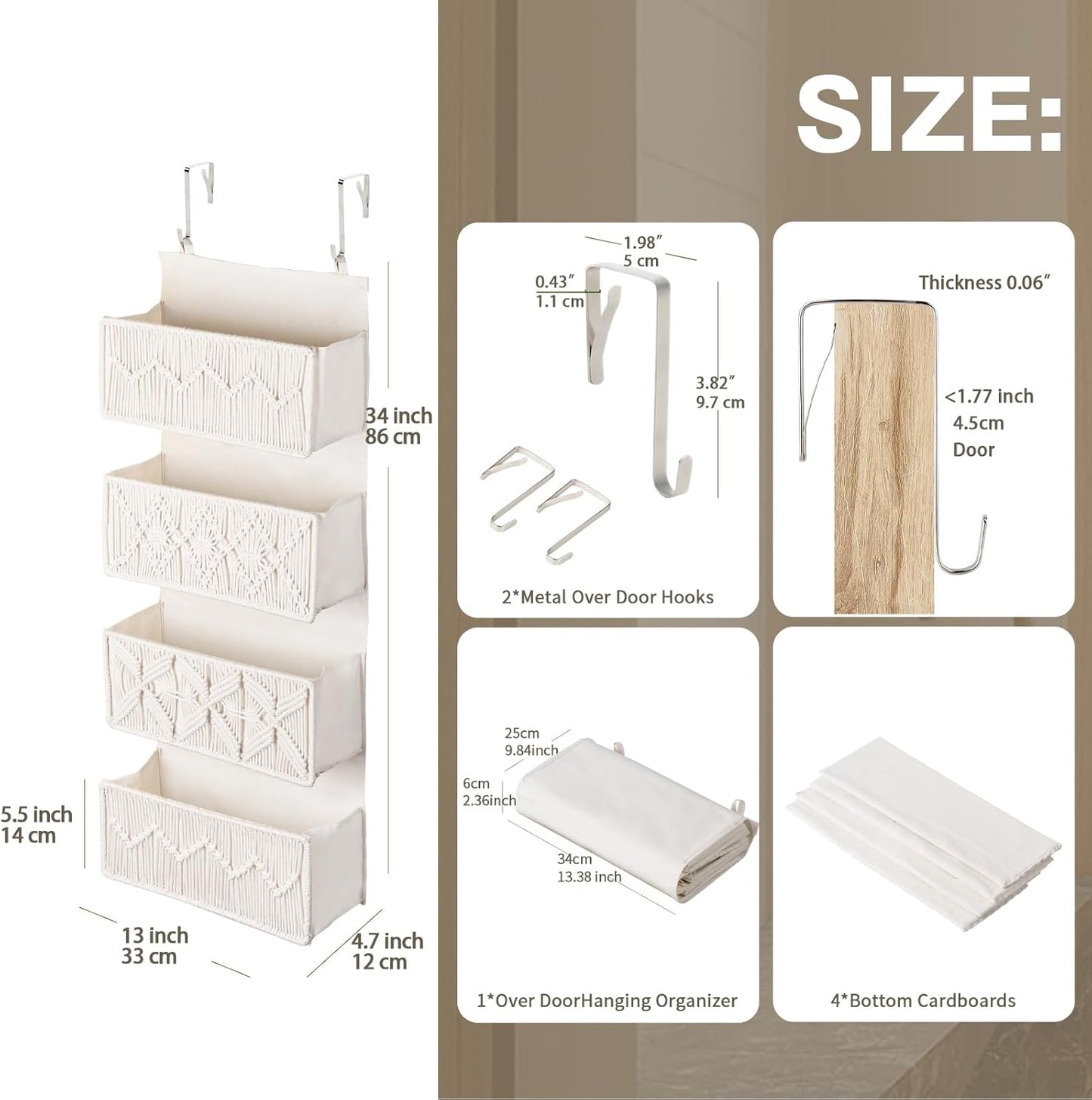 janebeauties Over the Door Organizer Macrame Boho Nursery Storage with 4 Large Woven Pockets, Hanging Basket for Bathroom, Nursery & Closet Doors, Behind the Door Storage Organizer, Cream White