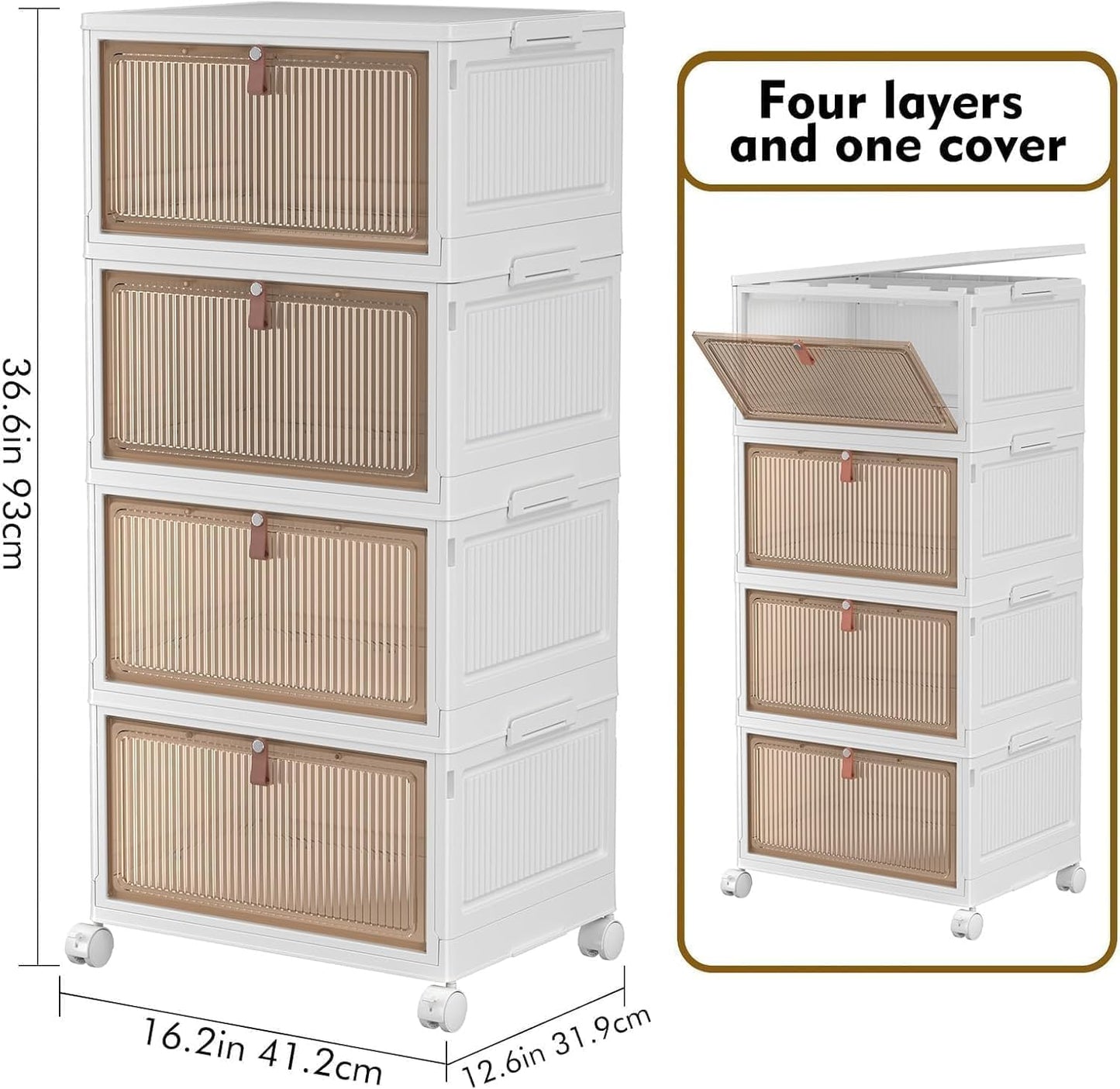 YFXCVSL 4 Tier Plastic Storage Bins with Lid 23QT, Stackable Storage Containers with Wheels, Folding Storage Boxes, Stackable Storage Bins, Organizers and Storage for Living Room,Office,Dorm
