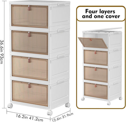YFXCVSL 4 Tier Plastic Storage Bins with Lid 23QT, Stackable Storage Containers with Wheels, Folding Storage Boxes, Stackable Storage Bins, Organizers and Storage for Living Room,Office,Dorm