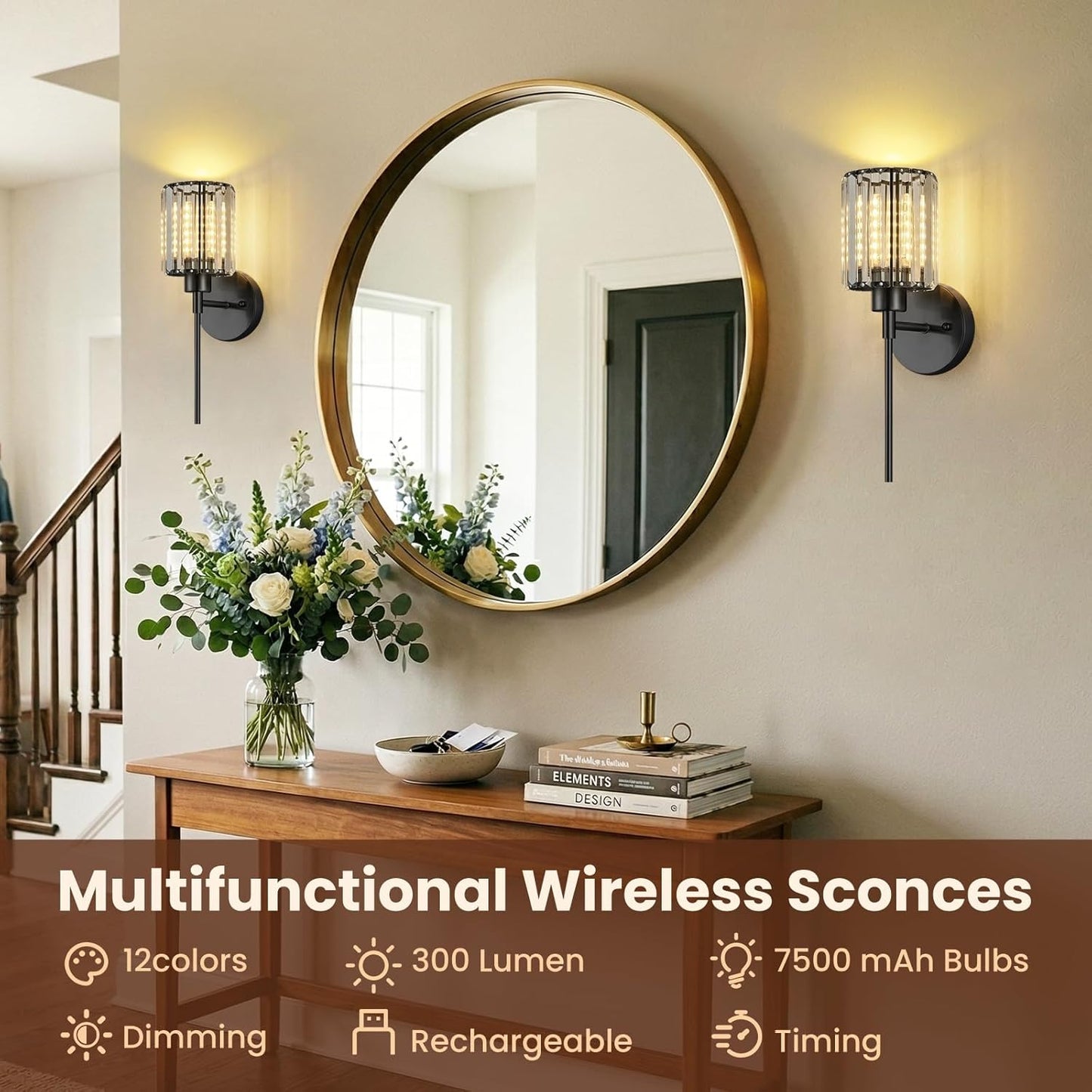 Crystal Battery Operated Wall Sconces, Brushed Gold Rechargeable Wireless Wall Sconce Lights with Dimmable Bulbs and Remote, 12 Colors and 3CCT Dimmable Crystal Lamps for Living Bedroom, 3000~6000K