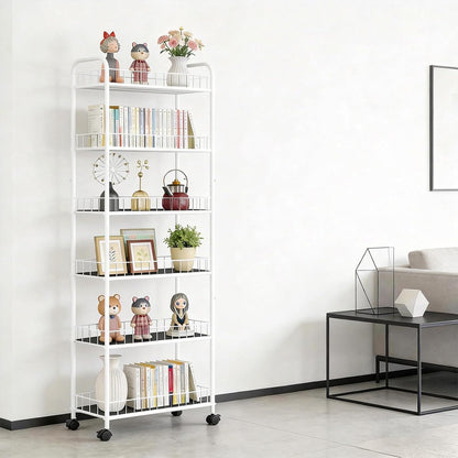 10in 6-Tier Slim Storage Cart with Wheels, Metal 10in Wide Black Narrow Rolling Shelf, Sturdy Slim Storage with Hooks Ideal for Kitchen, Bathroom, and Laundry Room