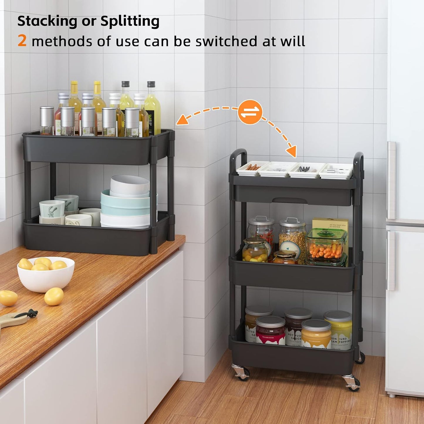 Calmootey 3-Tier Rolling Utility Cart with Drawer,Multifunctional Storage Organizer with Plastic Shelf & Metal Wheels,Storage Cart for Kitchen,Bathroom,Living Room,Office,White