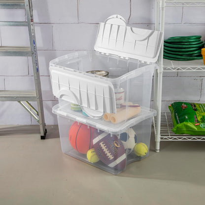 Sterilite 6 Pack Storage Box, 41 Quart Stackable Tote, Clear Plastic Container with Secure Snapping White Lids for Home and Office Organization
