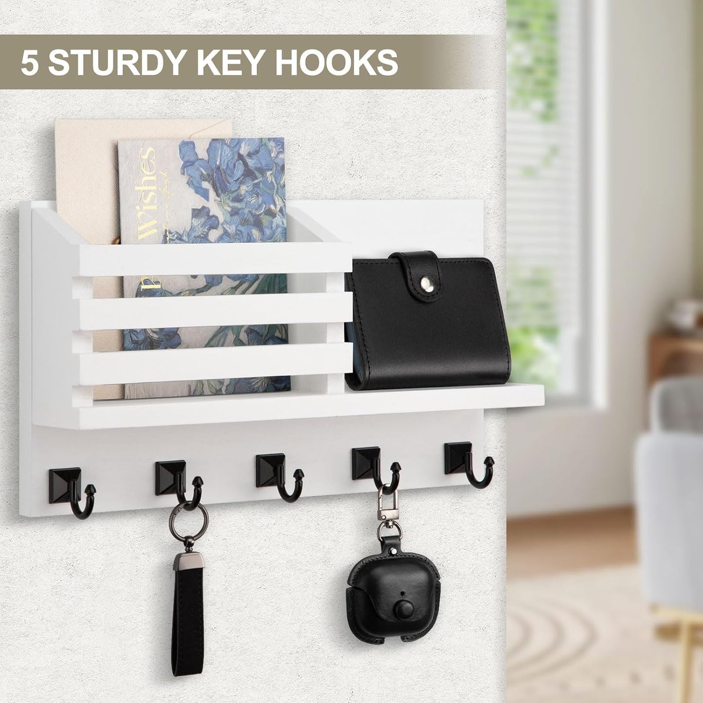 Key Holder Wall Mount, Mail Organizer for Wall with 5 Square Rustic Key Hooks Key Shelf Farmhouse Home Decor for Entryway